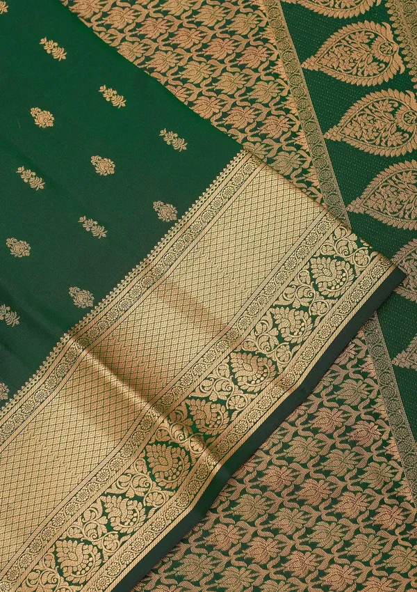 Bottle_Green_Silk_Buti_Gold_Zariwork_Saree_With_Matching_Blouse_Piece
