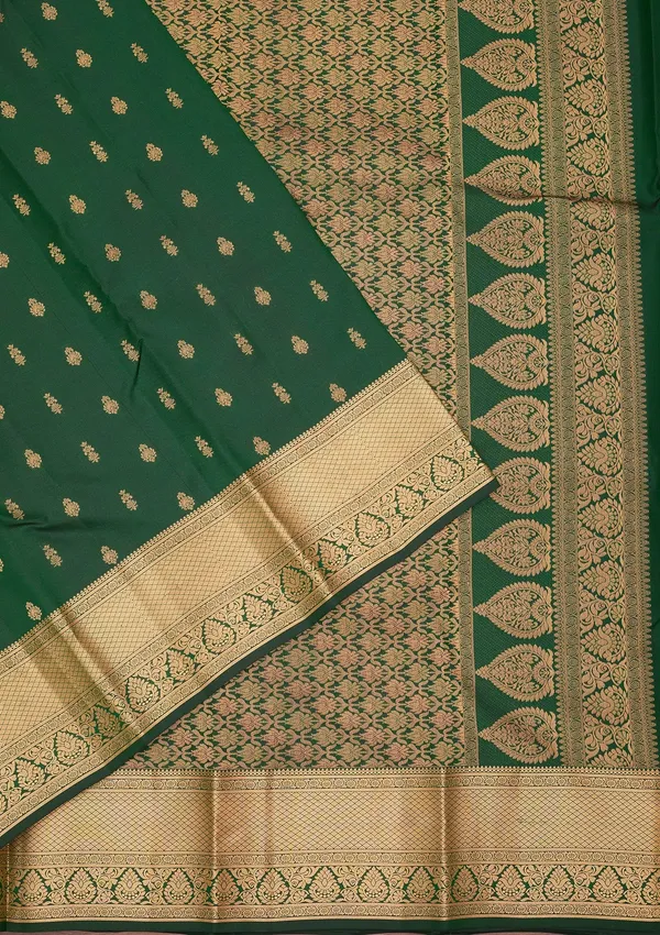 Bottle_Green_Silk_Buti_Gold_Zariwork_Saree_With_Matching_Blouse_Piece