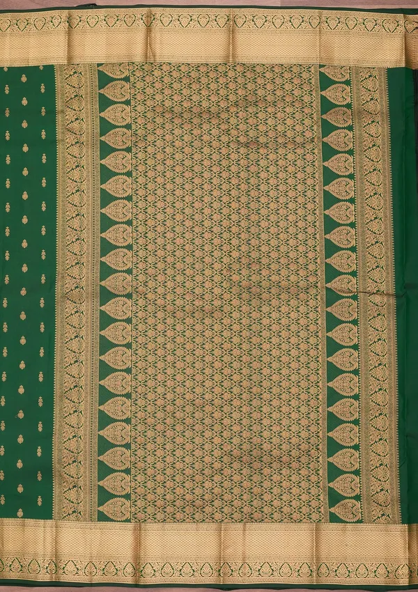 Bottle_Green_Silk_Buti_Gold_Zariwork_Saree_With_Matching_Blouse_Piece