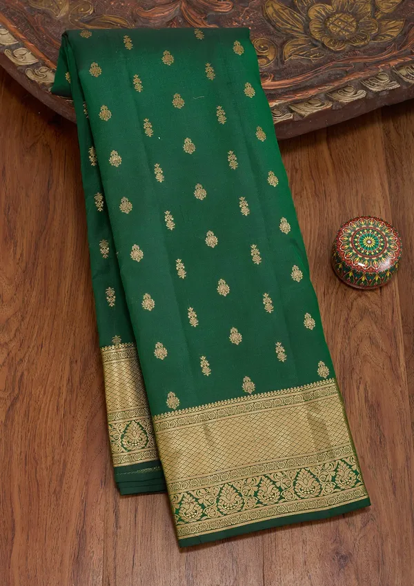 Bottle_Green_Silk_Buti_Gold_Zariwork_Saree_With_Matching_Blouse_Piece
