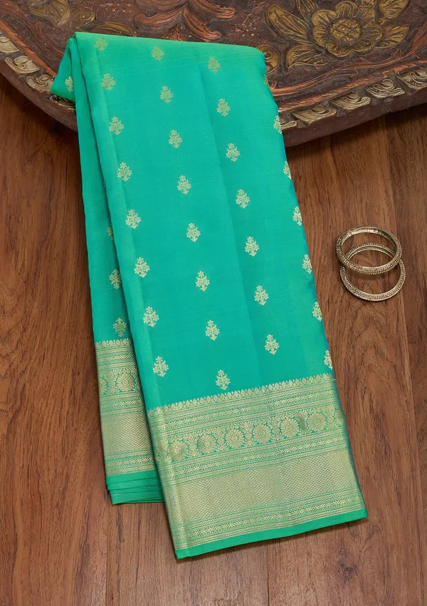 Rama_Green_Silk_Buti_Zariwork_Saree_With_Matching_Blouse_Piece
