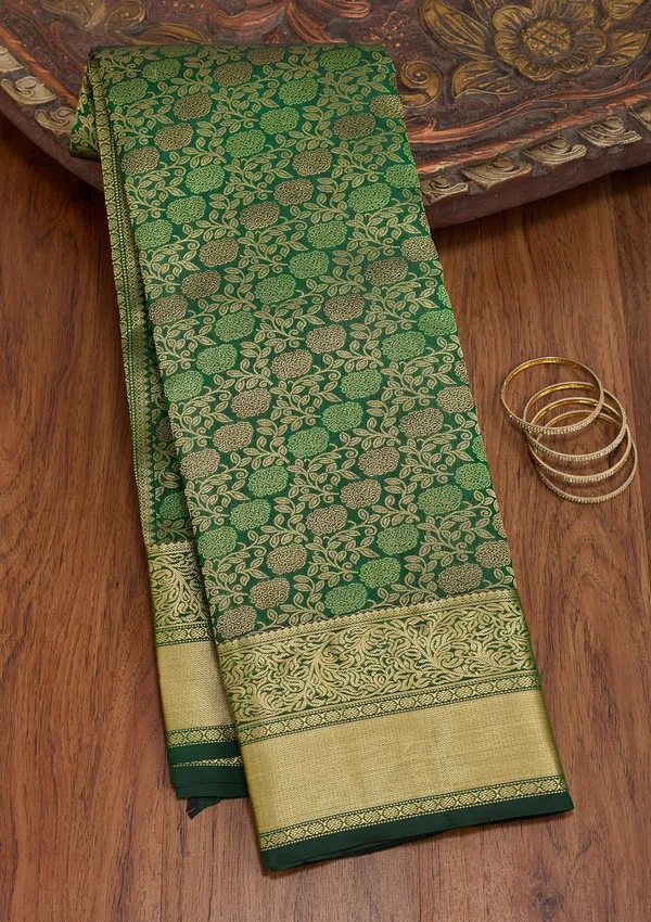 Bottle_Green_Pure_Silk_Jaal_Zariwork_Saree_With_Matching_Blouse_Piece