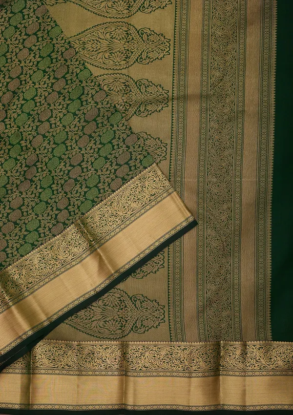 Bottle_Green_Pure_Silk_Jaal_Zariwork_Saree_With_Matching_Blouse_Piece