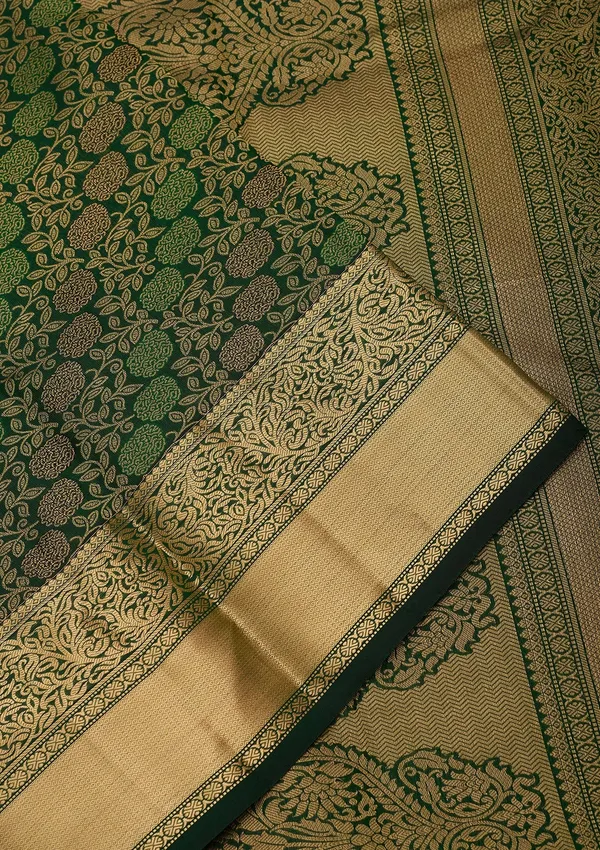Bottle_Green_Pure_Silk_Jaal_Zariwork_Saree_With_Matching_Blouse_Piece