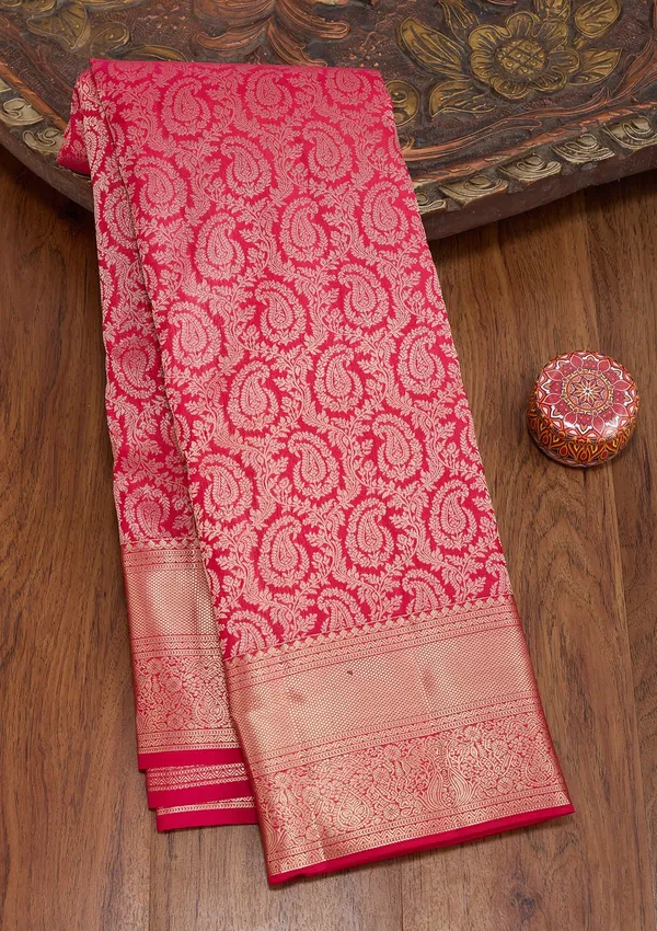 Rani_Pink_Pure_Silk_Jaal_Zariwork_Saree_With_Matching_Blouse_Piece