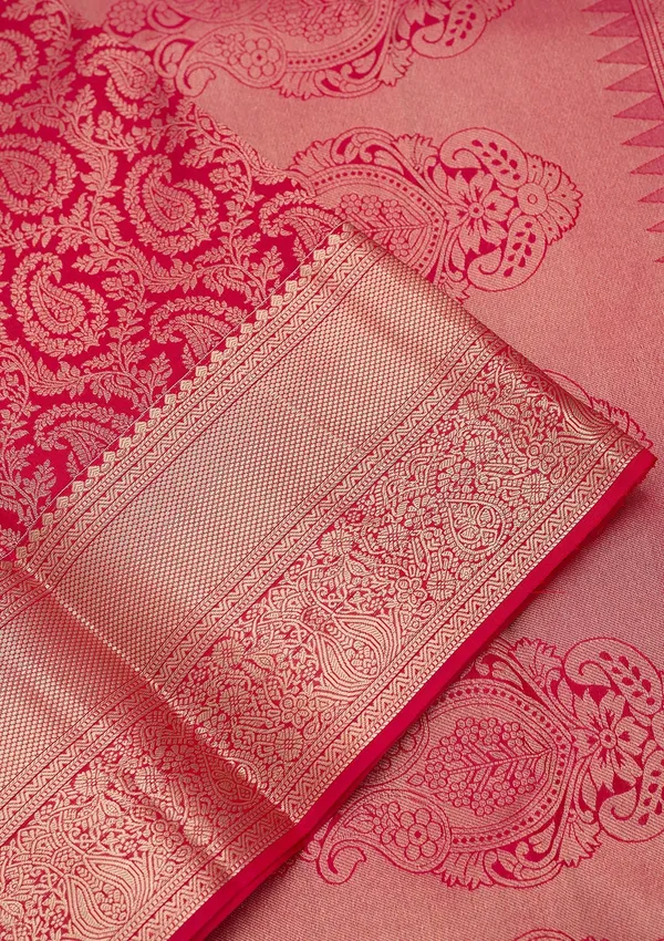 Rani_Pink_Pure_Silk_Jaal_Zariwork_Saree_With_Matching_Blouse_Piece
