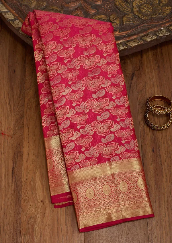 Rani_Pink_Silk_Jaal_Zariwork_Saree_With_Matching_Blouse_Piece