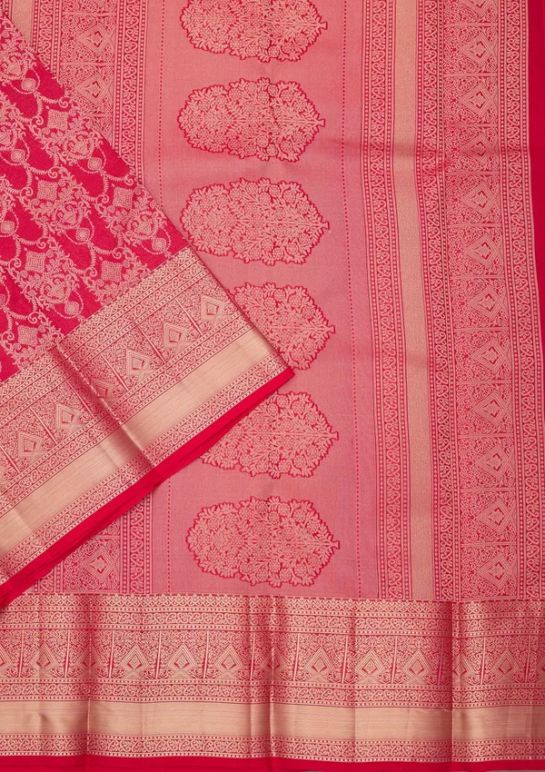 Rani_Pink_Pure_Silk_Jaal_Zariwork_Saree_With_Matching_Blouse_Piece