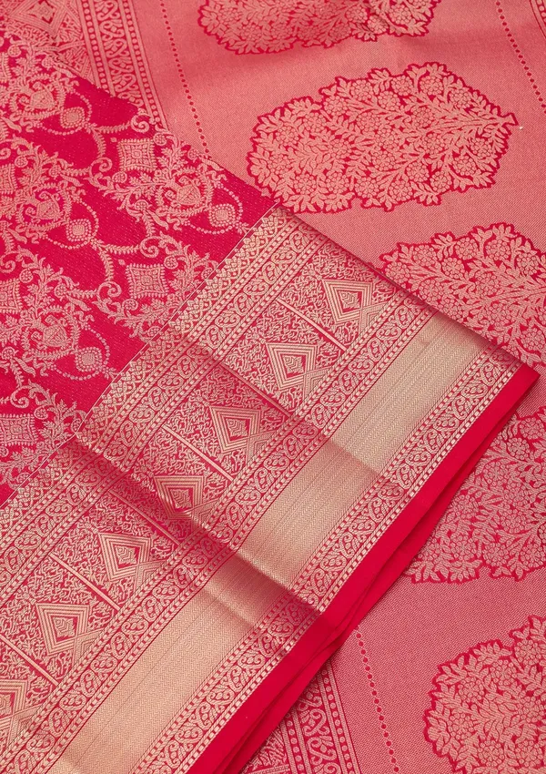 Rani_Pink_Pure_Silk_Jaal_Zariwork_Saree_With_Matching_Blouse_Piece