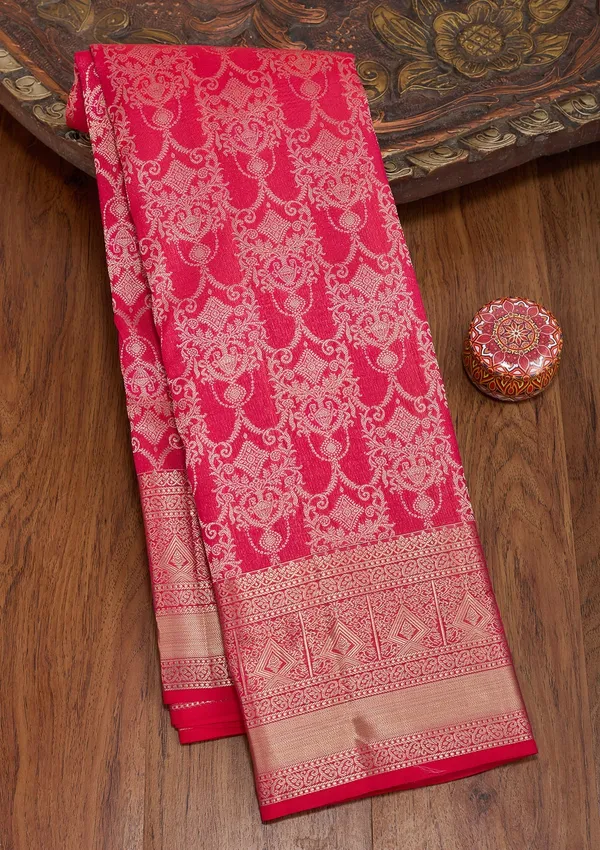 Rani_Pink_Pure_Silk_Jaal_Zariwork_Saree_With_Matching_Blouse_Piece