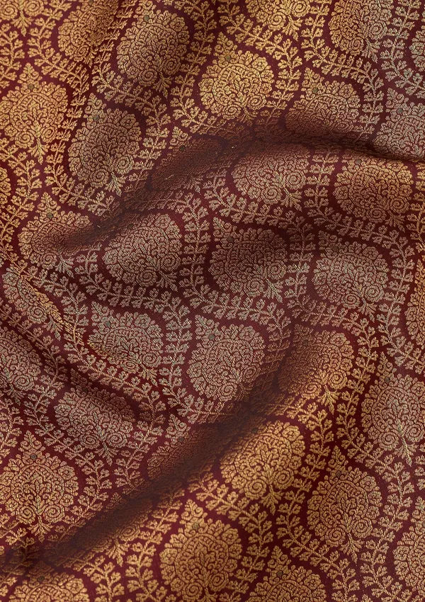 Dark_Maroon_Silk_Jaal_Gold_Zariwork_Saree_With_Matching_Blouse_Piece