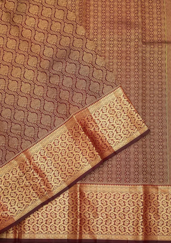 Dark_Maroon_Silk_Jaal_Gold_Zariwork_Saree_With_Matching_Blouse_Piece