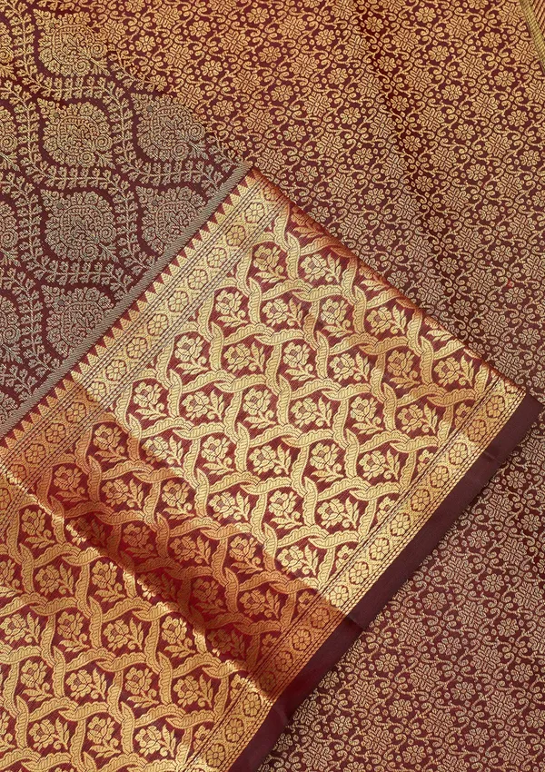 Dark_Maroon_Silk_Jaal_Gold_Zariwork_Saree_With_Matching_Blouse_Piece