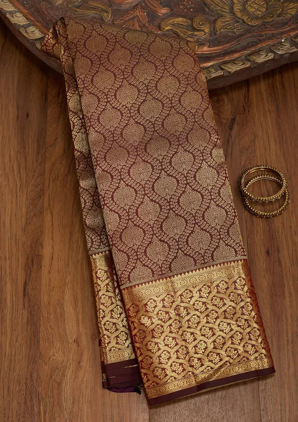 Dark_Maroon_Silk_Jaal_Gold_Zariwork_Saree_With_Matching_Blouse_Piece