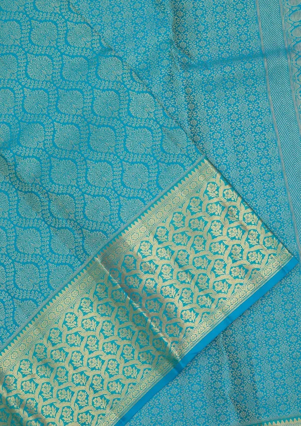 Turquoise_Blue_Silk_Jaal_Gold_Zariwork_Saree_With_Matching_Blouse_Piece