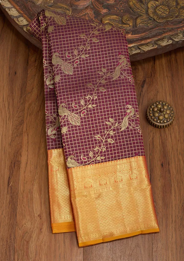 Wine_Silk_Checks_Saree_With_Matching_Blouse_Piece