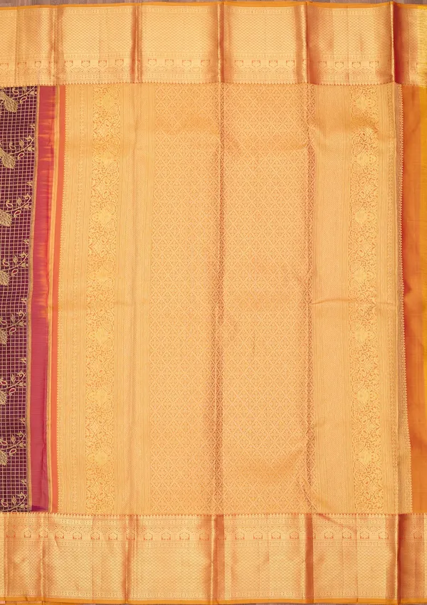 Wine_Silk_Checks_Saree_With_Matching_Blouse_Piece