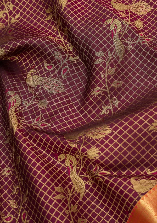 Wine_Silk_Checks_Saree_With_Matching_Blouse_Piece