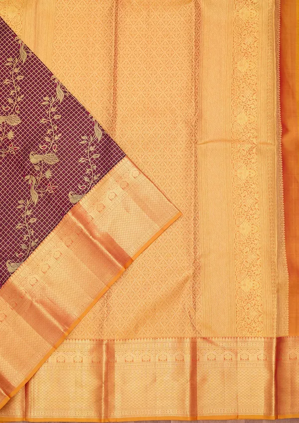Wine_Silk_Checks_Saree_With_Matching_Blouse_Piece