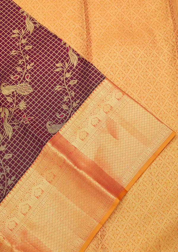 Wine_Silk_Checks_Saree_With_Matching_Blouse_Piece