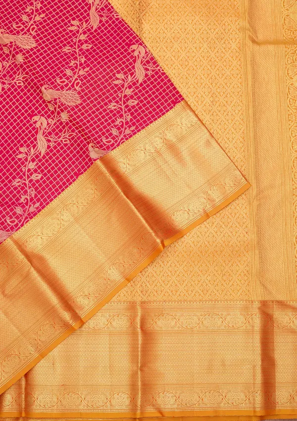 Rani_Pink_Silk_Checks_Saree_With_Matching_Blouse_Piece