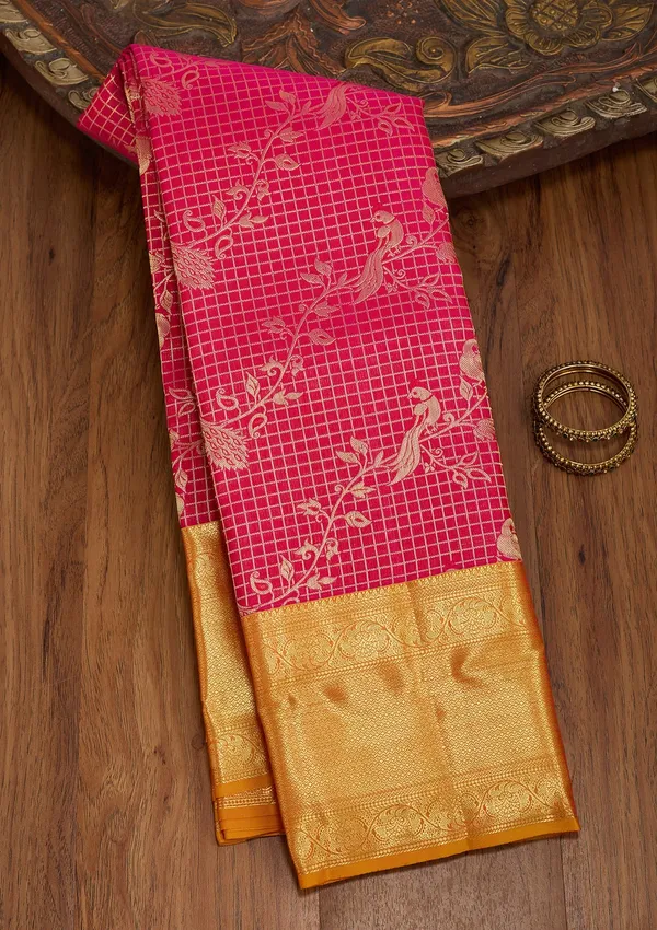 Rani_Pink_Silk_Checks_Saree_With_Matching_Blouse_Piece