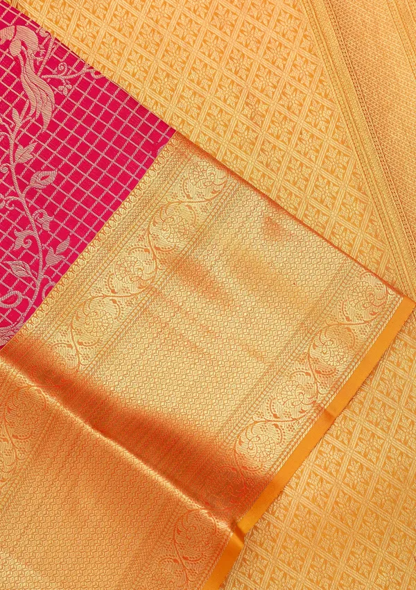 Rani_Pink_Silk_Checks_Saree_With_Matching_Blouse_Piece