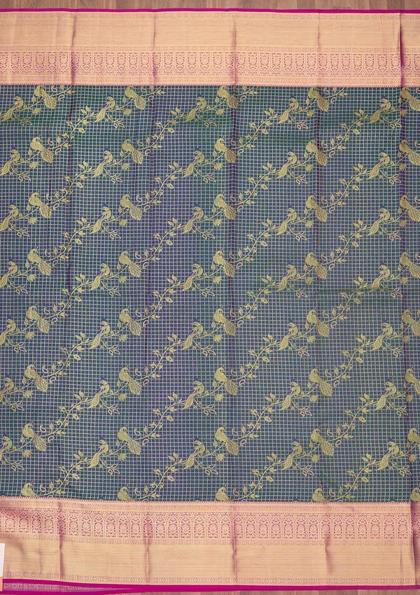 Peacock_Blue_Silk_Jaal_Saree_With_Matching_Blouse_Piece