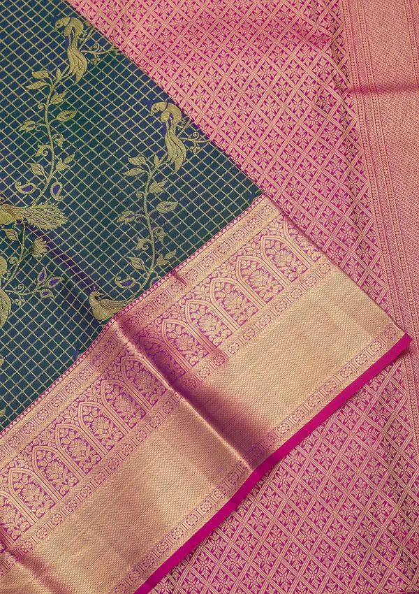 Peacock_Blue_Silk_Jaal_Saree_With_Matching_Blouse_Piece