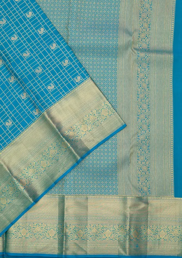 Turquoise_Blue_Silk_Checks_Saree_With_Matching_Blouse_Piece