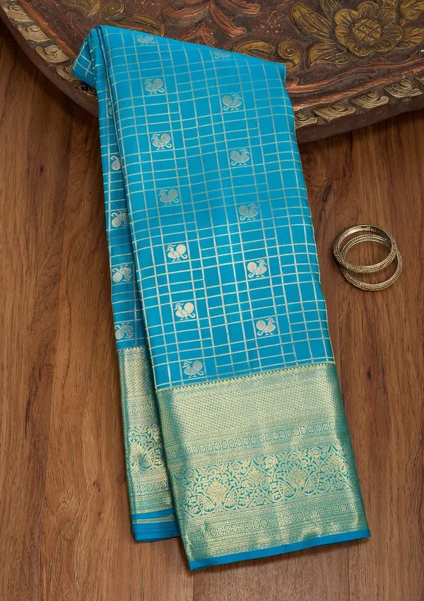 Turquoise_Blue_Silk_Checks_Saree_With_Matching_Blouse_Piece