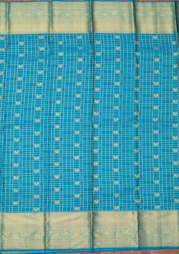 Turquoise_Blue_Silk_Checks_Saree_With_Matching_Blouse_Piece