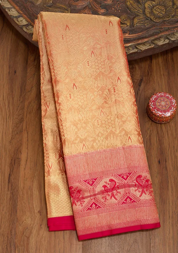 Peach_Silk_Jaal_Saree_With_Matching_Blouse_Piece