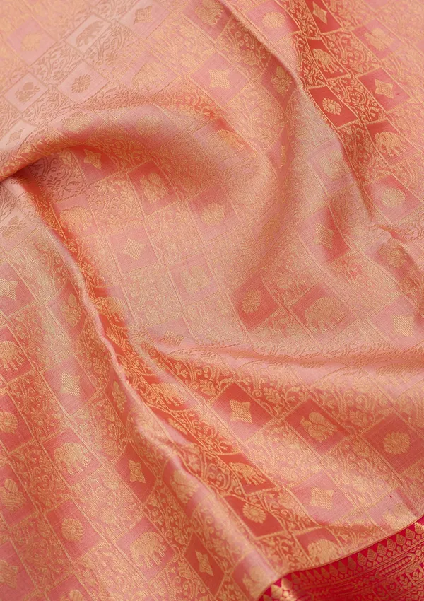 Peach_Silk_Checks_Saree_With_Matching_Blouse_Piece