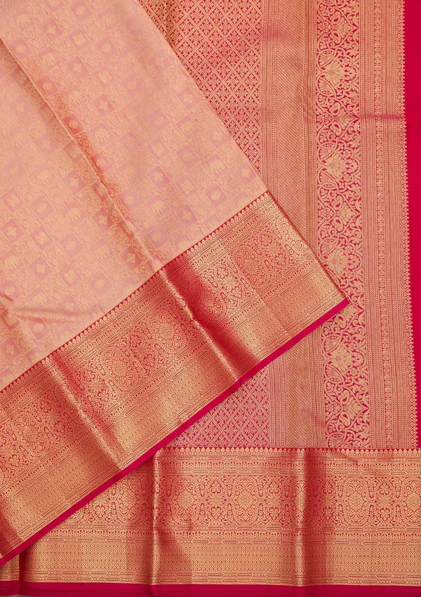 Peach_Silk_Checks_Saree_With_Matching_Blouse_Piece