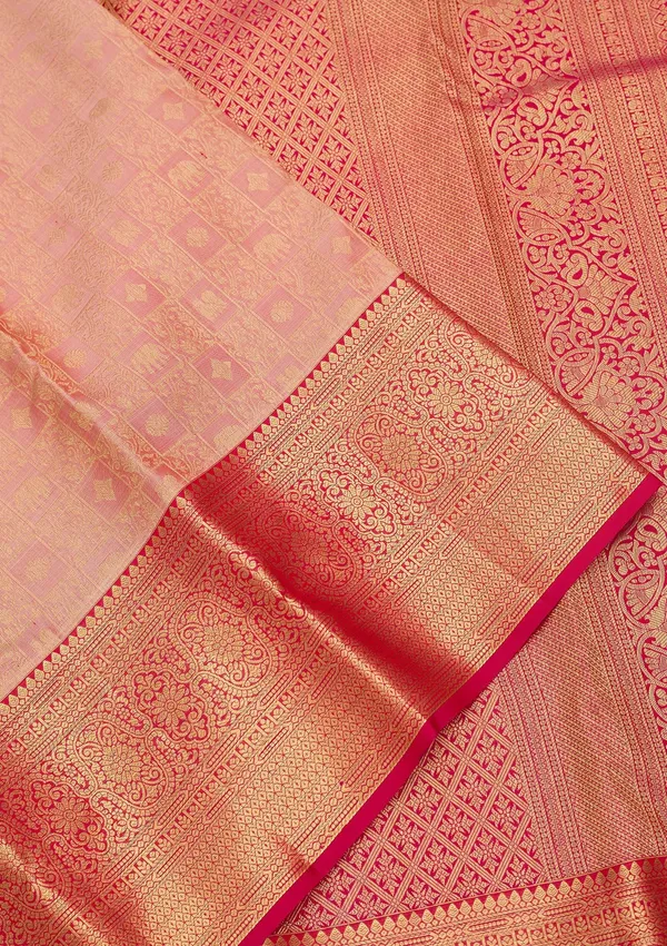 Peach_Silk_Checks_Saree_With_Matching_Blouse_Piece