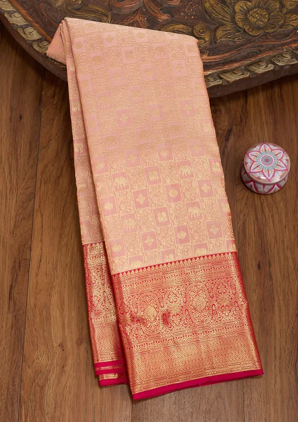 Peach_Silk_Checks_Saree_With_Matching_Blouse_Piece