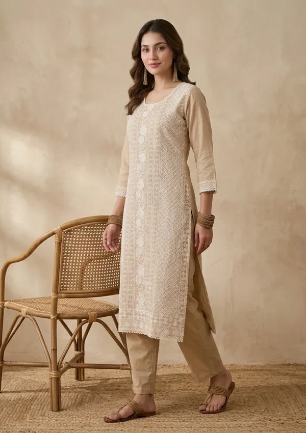 Light_Brown_Chanderi_Threadwork_Straight_Kurta_With_Pant_Regular_And_Dupatta