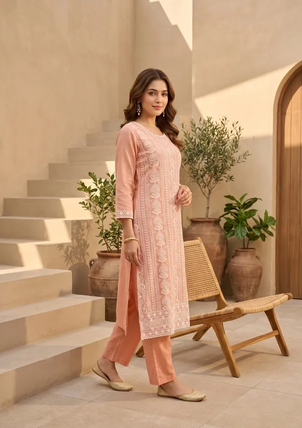 Peach_Chanderi_Threadwork_Straight_Kurta_With_Pant_Regular_And_Dupatta