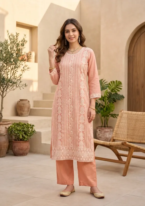 Peach_Chanderi_Threadwork_Straight_Kurta_With_Pant_Regular_And_Dupatta