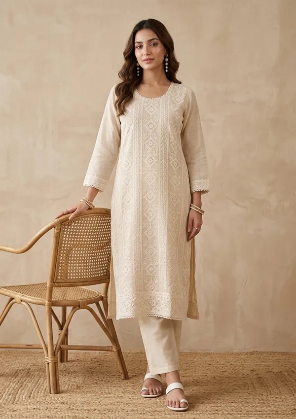 Cream_Chanderi_Threadwork_Straight_Kurta_With_Pant_Regular_And_Dupatta