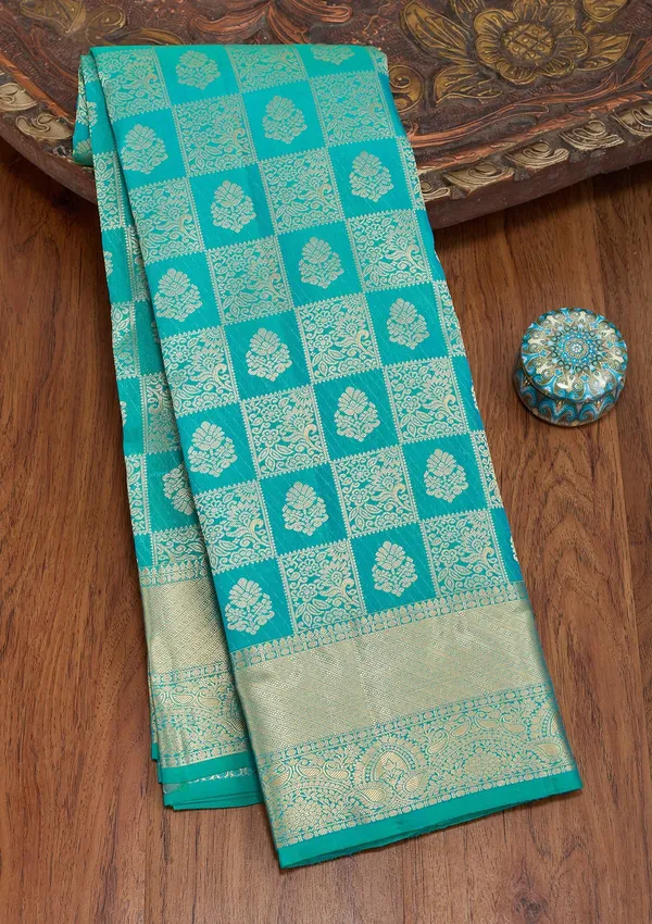 Rama_Green_Silk_Checks_Saree_With_Matching_Blouse_Piece