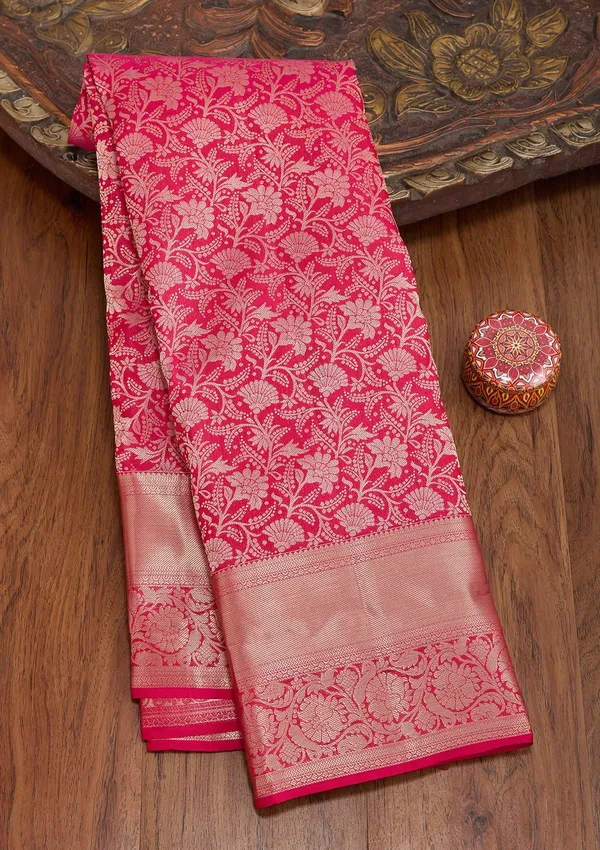 Rani_Pink_Silk_Jaal_Saree_With_Matching_Blouse_Piece