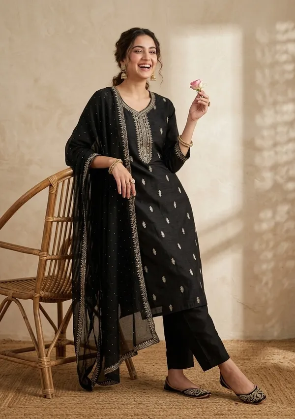 Black_Soft_Raw_Silk_Gold_Zariwork_Straight_Kurta_With_Pant_Regular_And_Dupatta