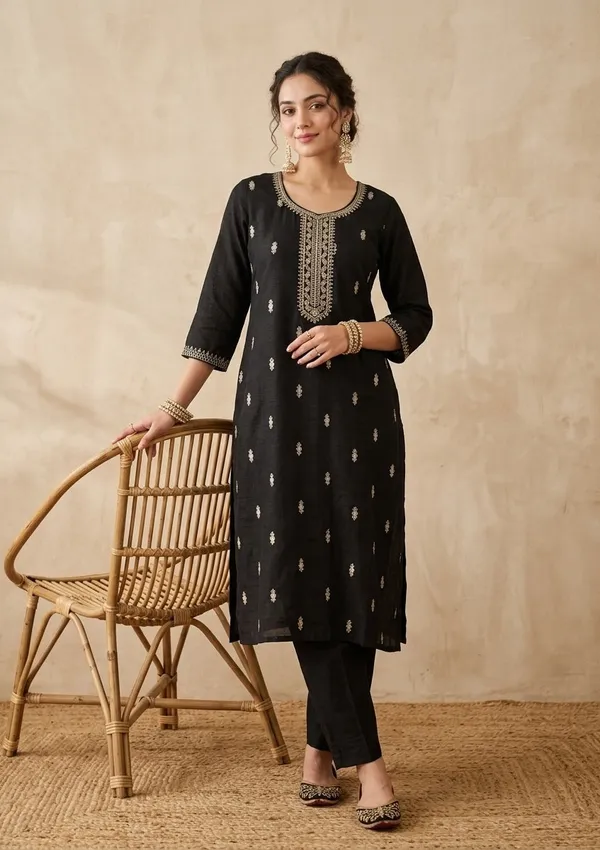 Black_Soft_Raw_Silk_Gold_Zariwork_Straight_Kurta_With_Pant_Regular_And_Dupatta