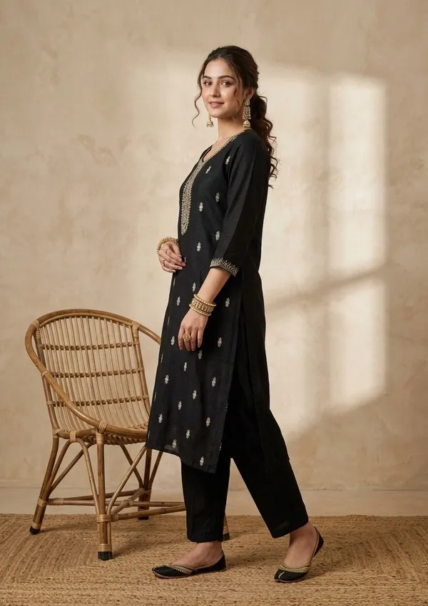 Black_Soft_Raw_Silk_Gold_Zariwork_Straight_Kurta_With_Pant_Regular_And_Dupatta