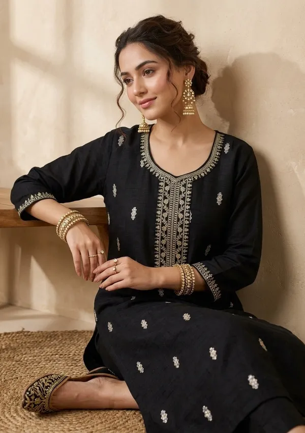 Black_Soft_Raw_Silk_Gold_Zariwork_Straight_Kurta_With_Pant_Regular_And_Dupatta