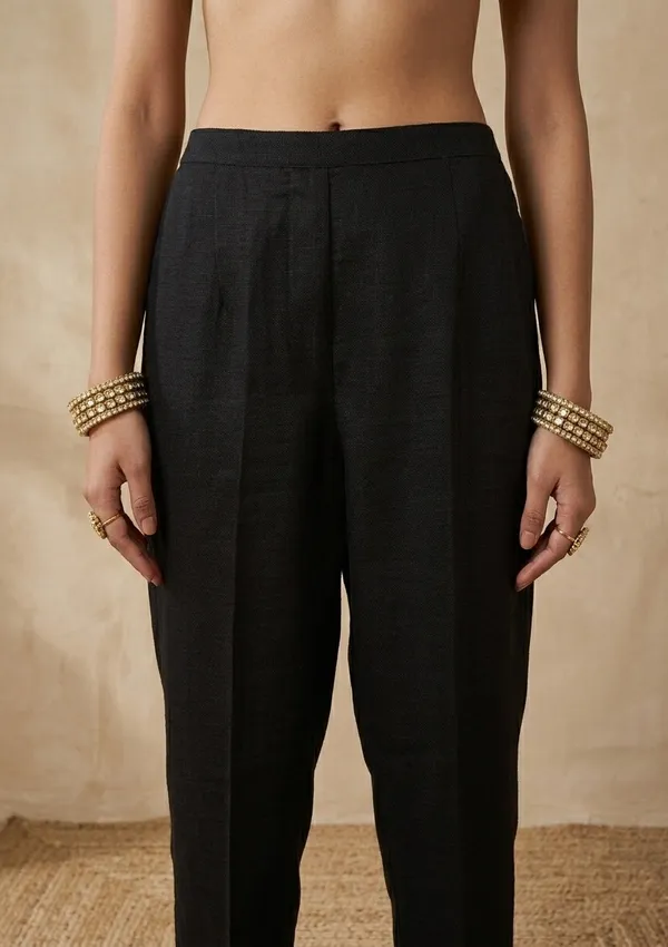 Black_Soft_Raw_Silk_Gold_Zariwork_Straight_Kurta_With_Pant_Regular_And_Dupatta