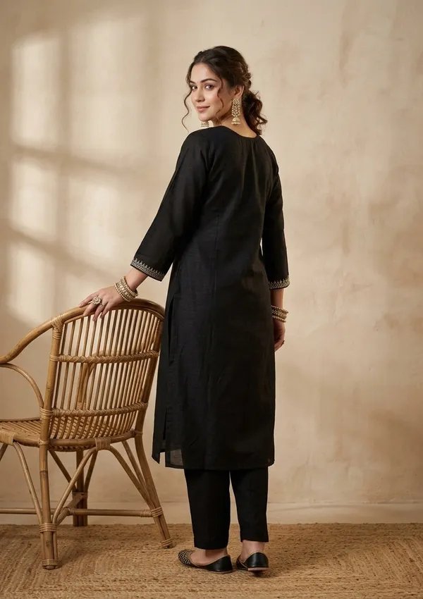 Black_Soft_Raw_Silk_Gold_Zariwork_Straight_Kurta_With_Pant_Regular_And_Dupatta