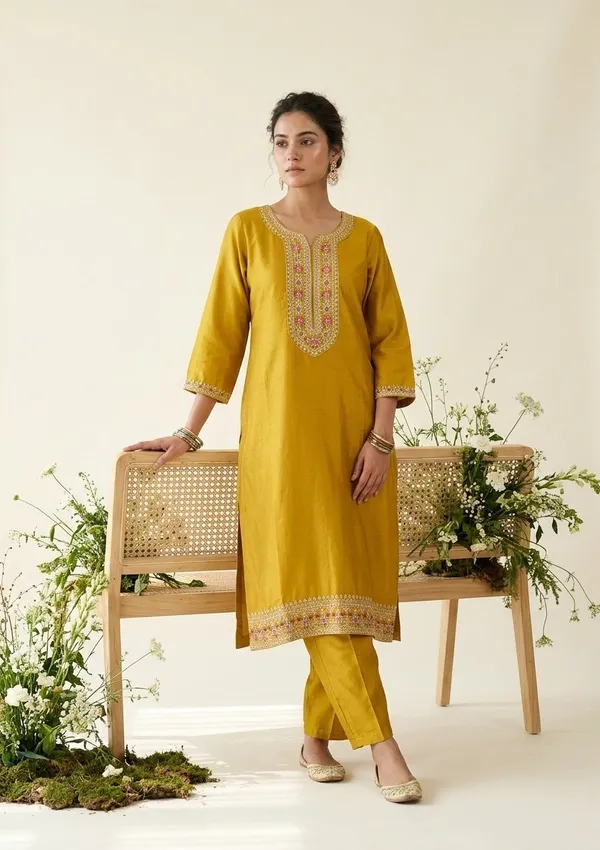 Mustard_Soft_Raw_Silk_Threadwork_Straight_Kurta_With_Pant_Regular_And_Dupatta